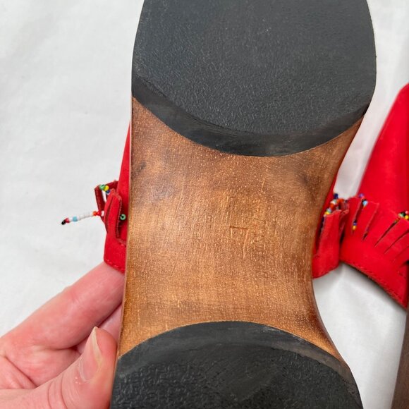 Rampage Womens y2k Red Suede Beaded Fringe Wood Clog Slide Sandals Size 7 - Picture 6 of 10